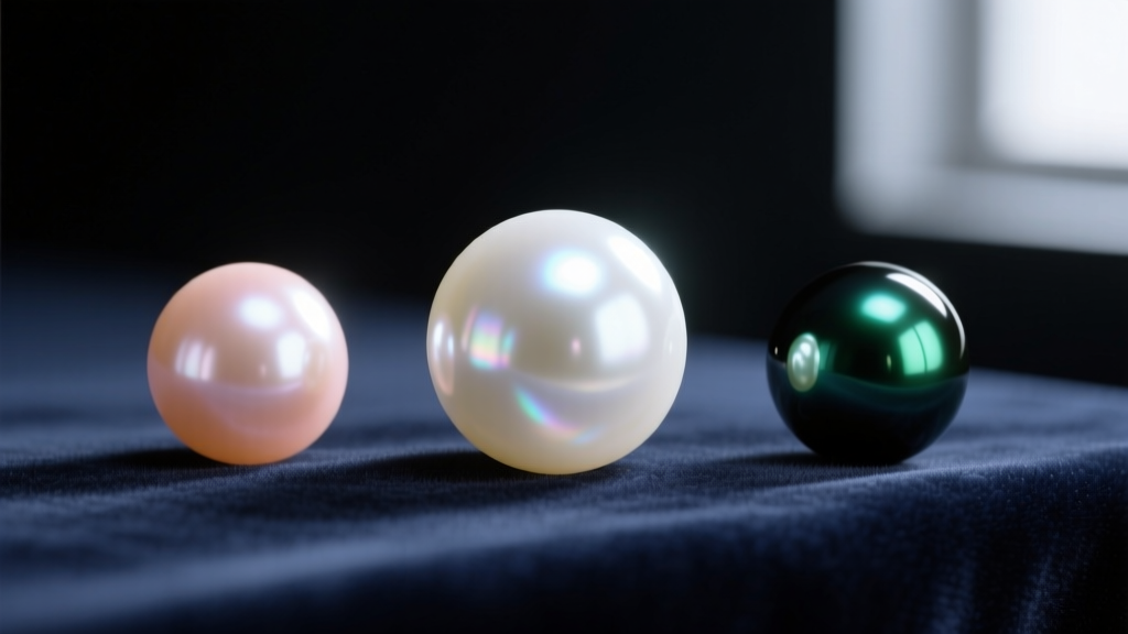 Macro shot of three pearls on velvet: a round white Akoya, a peach Freshwater, and a dark Tahitian pearl showing green overtones.