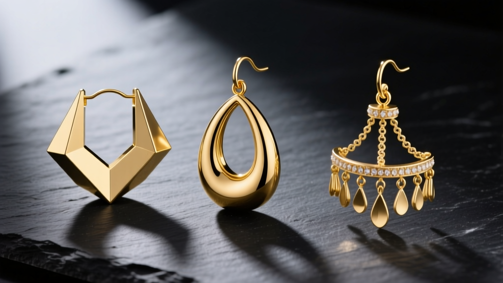 Flat lay of three gold drop hoop earring styles on dark slate, showing geometric, teardrop, and chandelier silhouette variations