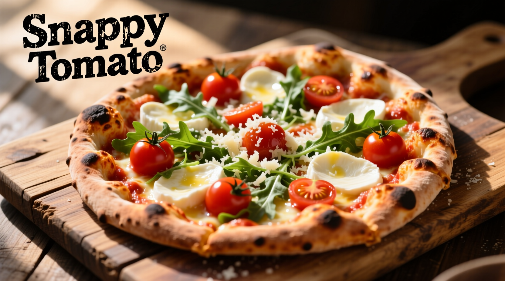 Snappy Tomato pizza with fresh ingredients on wooden board