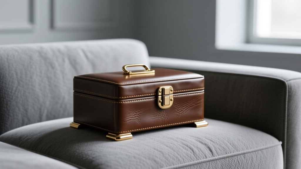 Leather couch jewelry box on a grey sofa cushion, highlighting its weighted anti-slip base and polished brass stay-lid hinges.