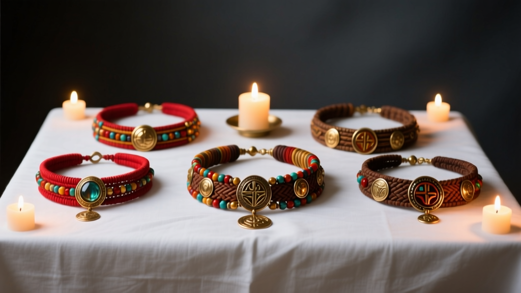 A respectful display of five traditional Orisha collares hanging on a white cloth altar, illuminated by soft, warm candlelight.