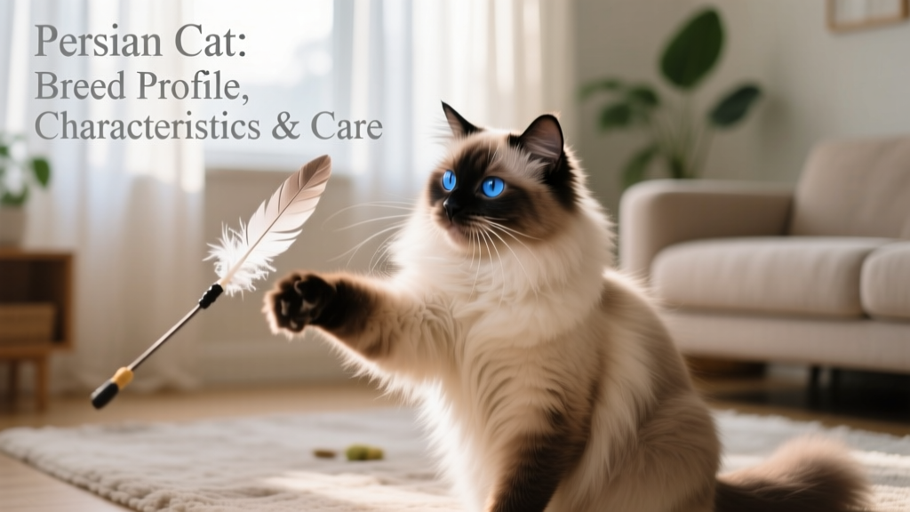 A Persian cat gently batting at a feather wand toy during a quiet indoor play session