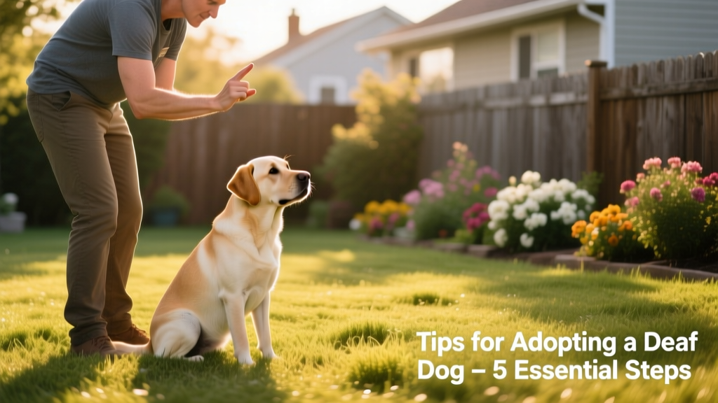 A trainer using clear hand signals to guide a deaf dog through a simple 'sit' command in a grassy backyard