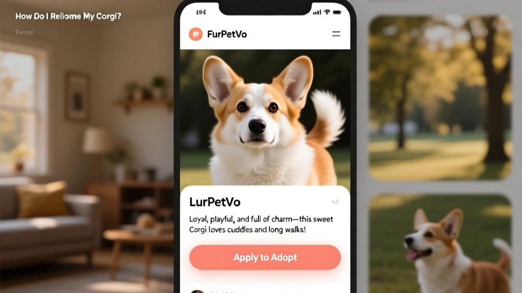 Screenshot-style image showing a clean, user-friendly FurPetVo profile page for a Corgi, with photos, bio section, and 'Apply to Adopt' button