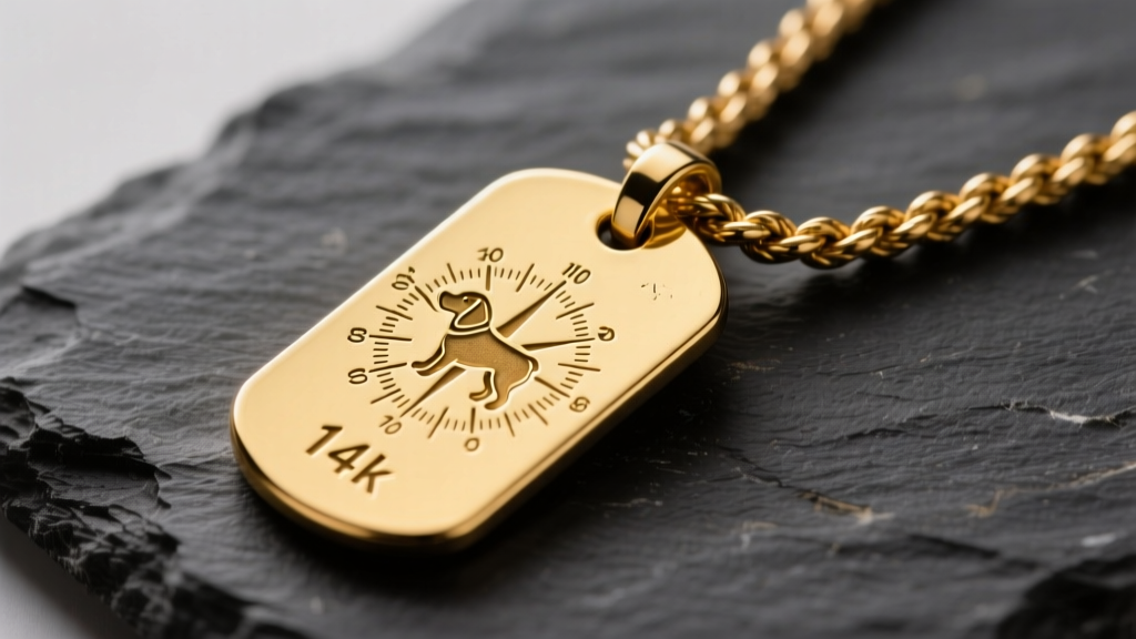 Close-up of a 14k yellow gold dog tag pendant on dark slate, featuring deep hand-engraved coordinates and a thick rope chain.