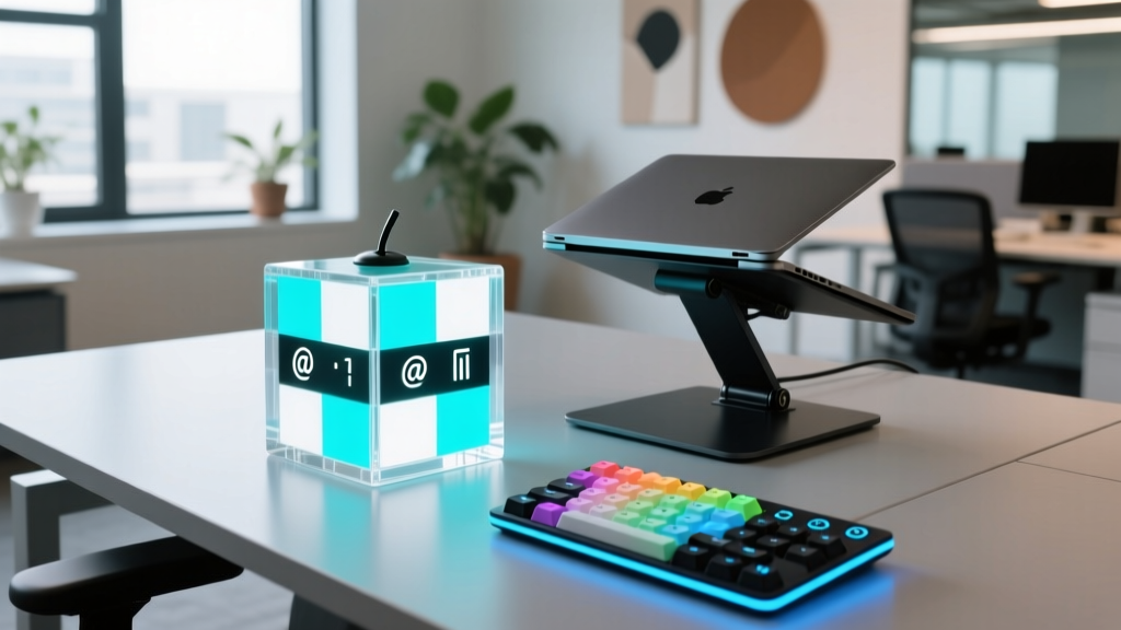 Overhead shot of a modern startup desk featuring a digital Pomodoro cube, a programmable macro pad, and a pneumatic laptop riser