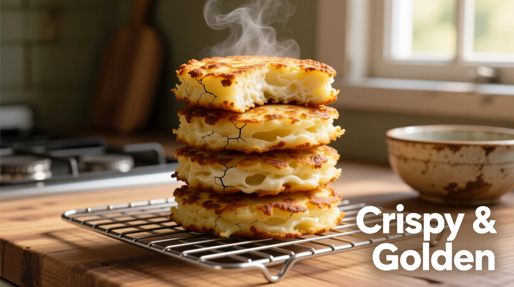 Golden brown fried mashed potato cakes on wire rack