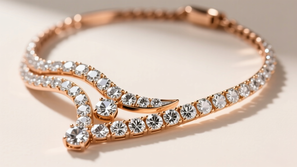 Close-up of asymmetric Indian diamond necklace blending flat rose-cut diamonds with brilliant rounds set in 18k rose gold, macro