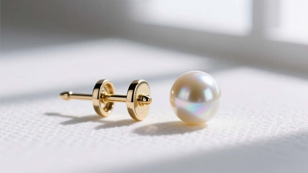 Close-up of a 20-gauge 14k white gold earring post with a la pousette locking back beside a round 10 mm freshwater pearl stud.
