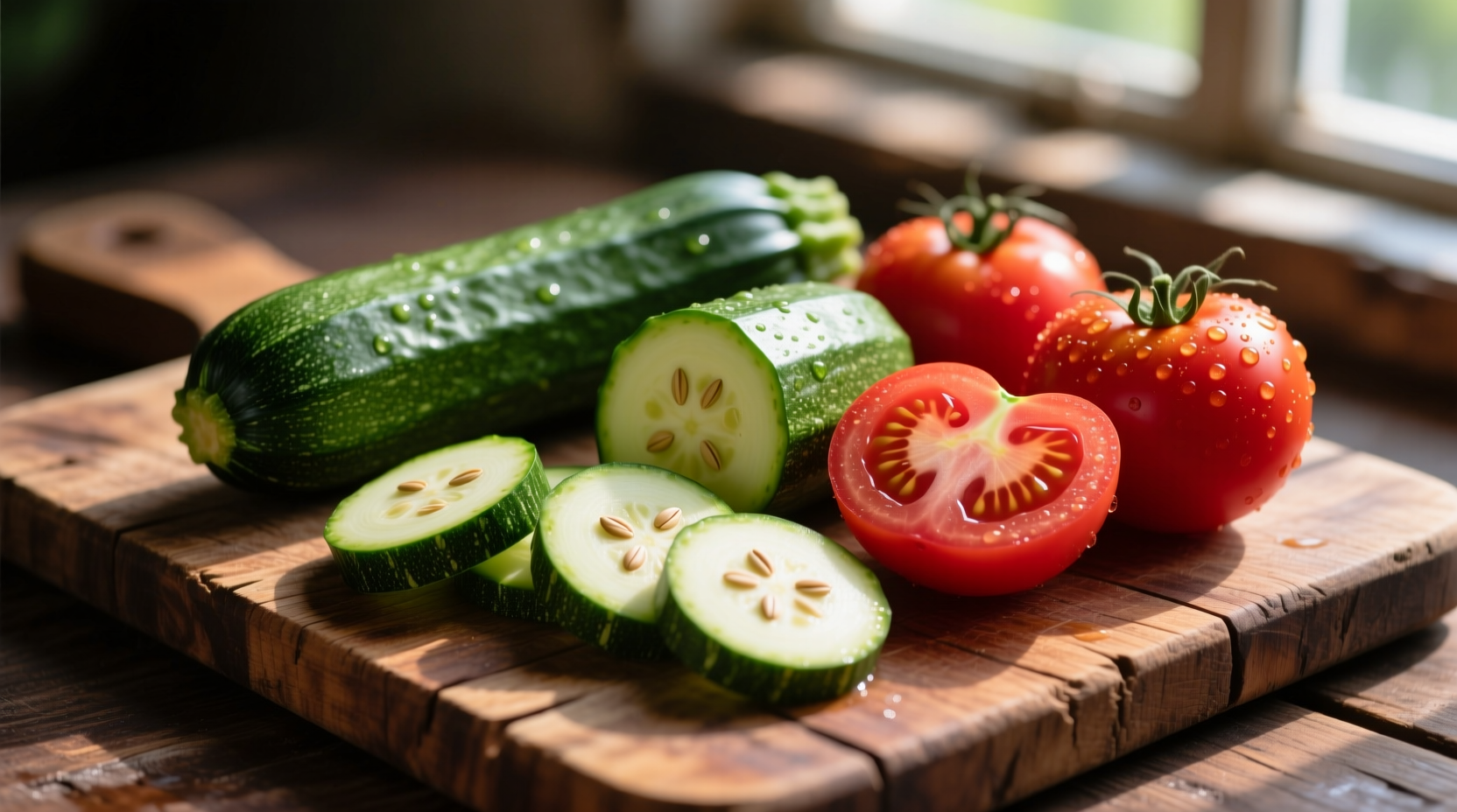 Fresh zucchini and tomatoes on wooden cutting board