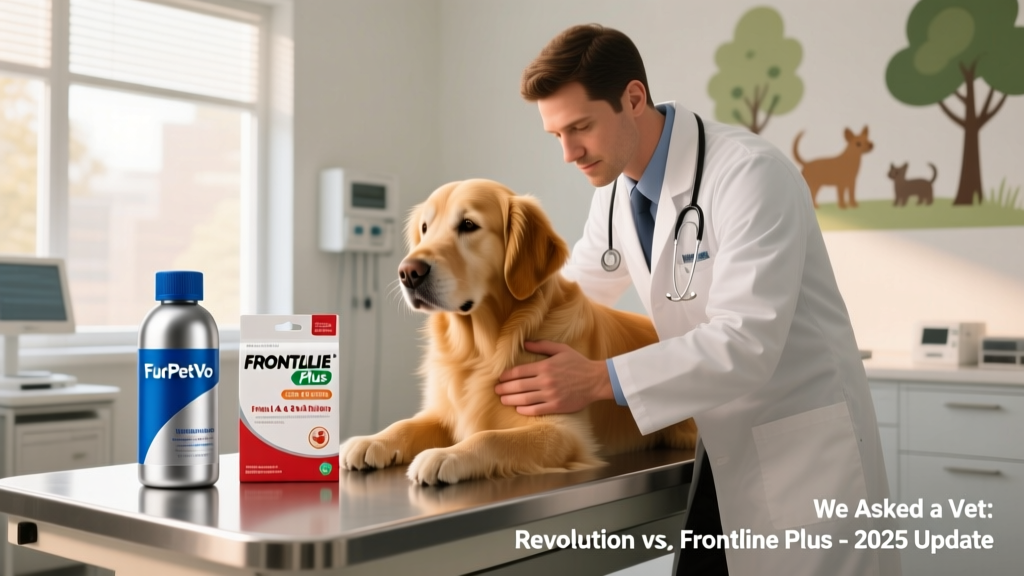Veterinarian examining a dog during a wellness check, with FurPetVo and Frontline Plus packaging visible on the exam table