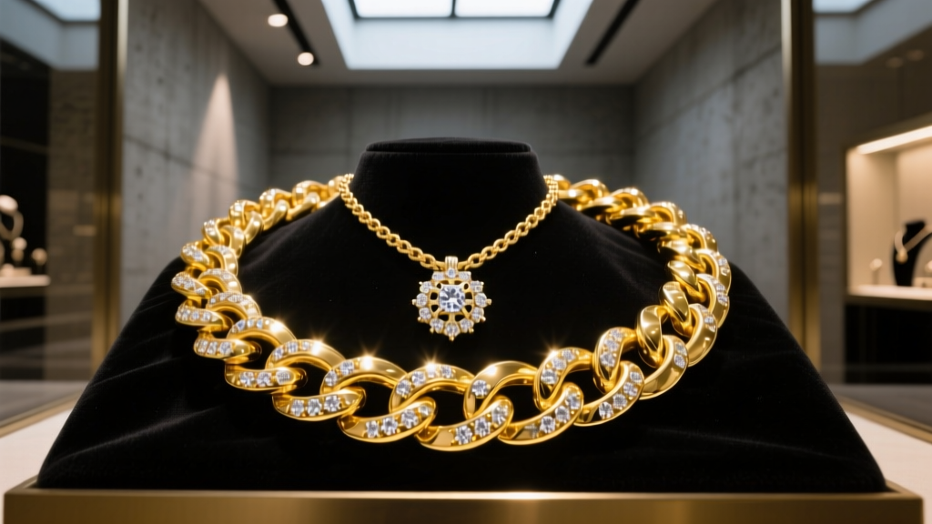 Massive 14k yellow gold Cuban link chain with diamond pendant resting on dark velvet in a dimly lit urban jewelry store showcase