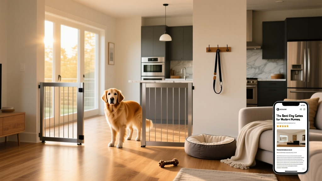 A modern living room with a sleek freestanding dog gate separating the space, allowing the dog to roam freely in one area while keeping it out of the kitchen