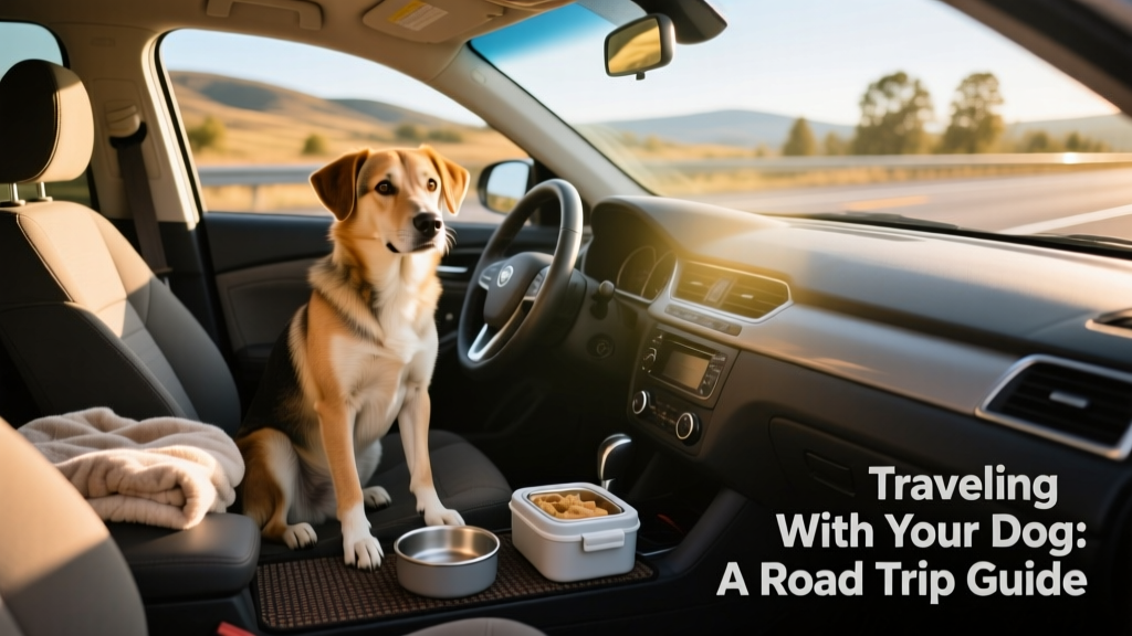 Dog sitting calmly in a car with a travel water bowl, food bin, and cozy blanket visible nearby