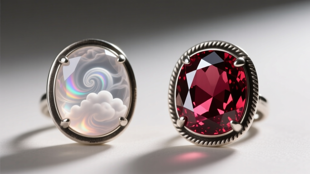 Side-by-side comparison of clouded resin replica gemstone and faceted genuine almandine garnet set in an oxidized silver bezel