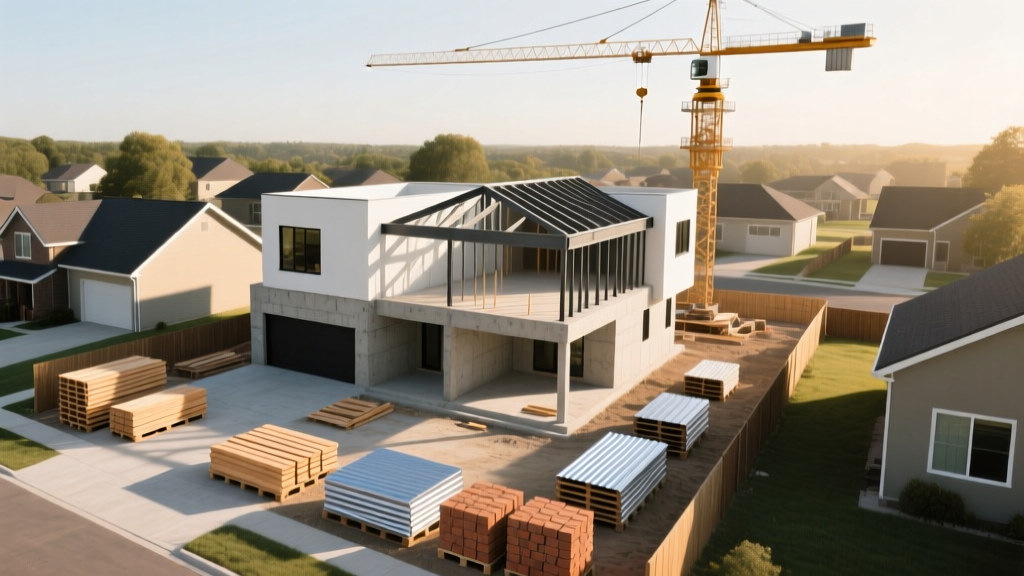 Aerial view of a framed two-story suburban house under construction with regional material pallets and crane in background