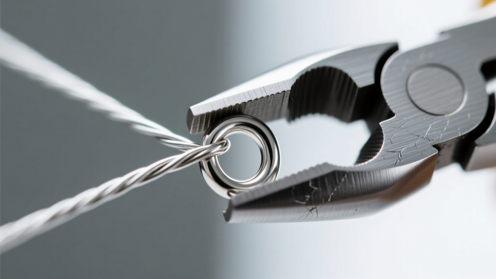 Macro shot of micro-crimping pliers folding a 2x2mm sterling silver crimp bead into a secure U-shape over taut steel beading wire.