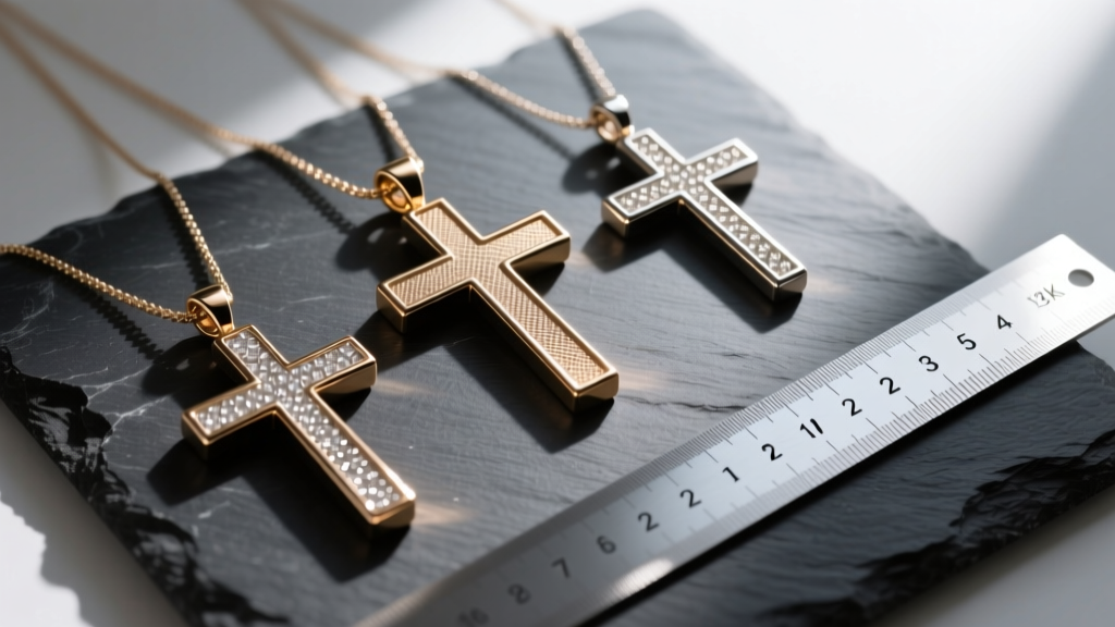 Flat lay of three big cross pendants in varying sizes from 2 to 4 inches on a dark slate surface with a metal ruler beside them