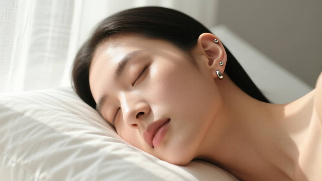 Person sleeping on a white pillow wearing small flat-back titanium labret studs in earlobes, illuminated by soft morning light
