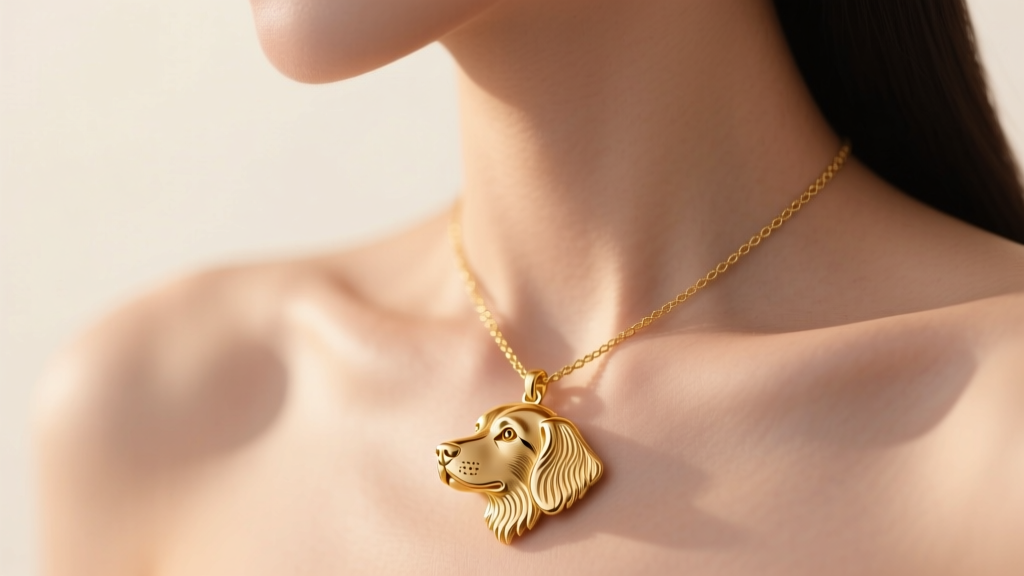 Close-up of a woman wearing a delicate 14k gold dog pendant necklace shaped like a retriever profile in soft natural lighting.