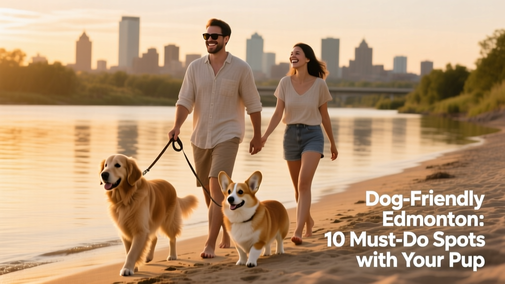A pet parent walking their dogs along the shore in Edmonton.