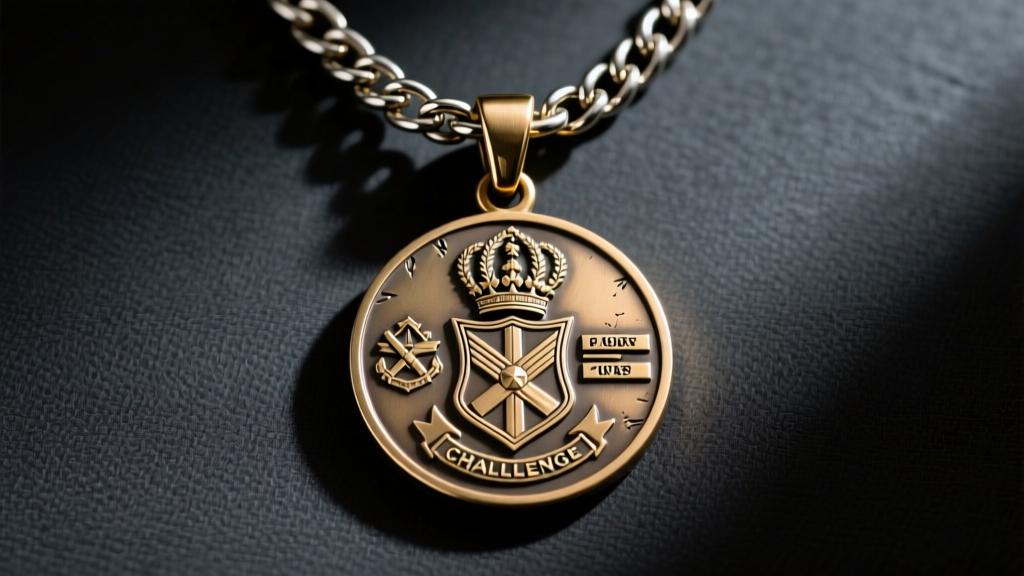 Solid brass military challenge coin necklace on dark canvas, featuring a thick stainless steel curb chain and soldered top loop