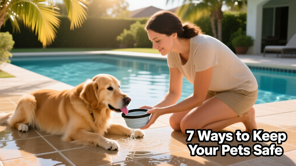 A calm, attentive owner kneeling beside a relaxed dog on a pool deck, offering water from a portable bowl