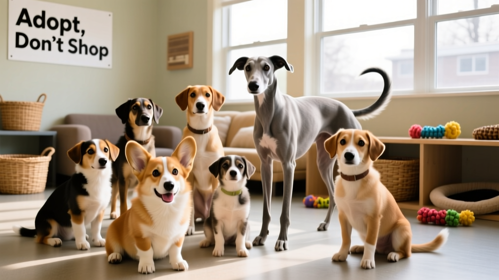 A diverse group of adoptable dogs of various breeds and ages sitting together in a bright, welcoming shelter playroom