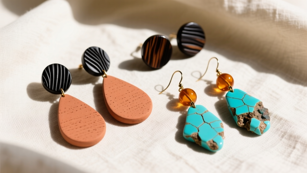 Flat-lay of artisan earth earrings with terracotta teardrops, carved ebony studs, and raw turquoise dangles on natural linen