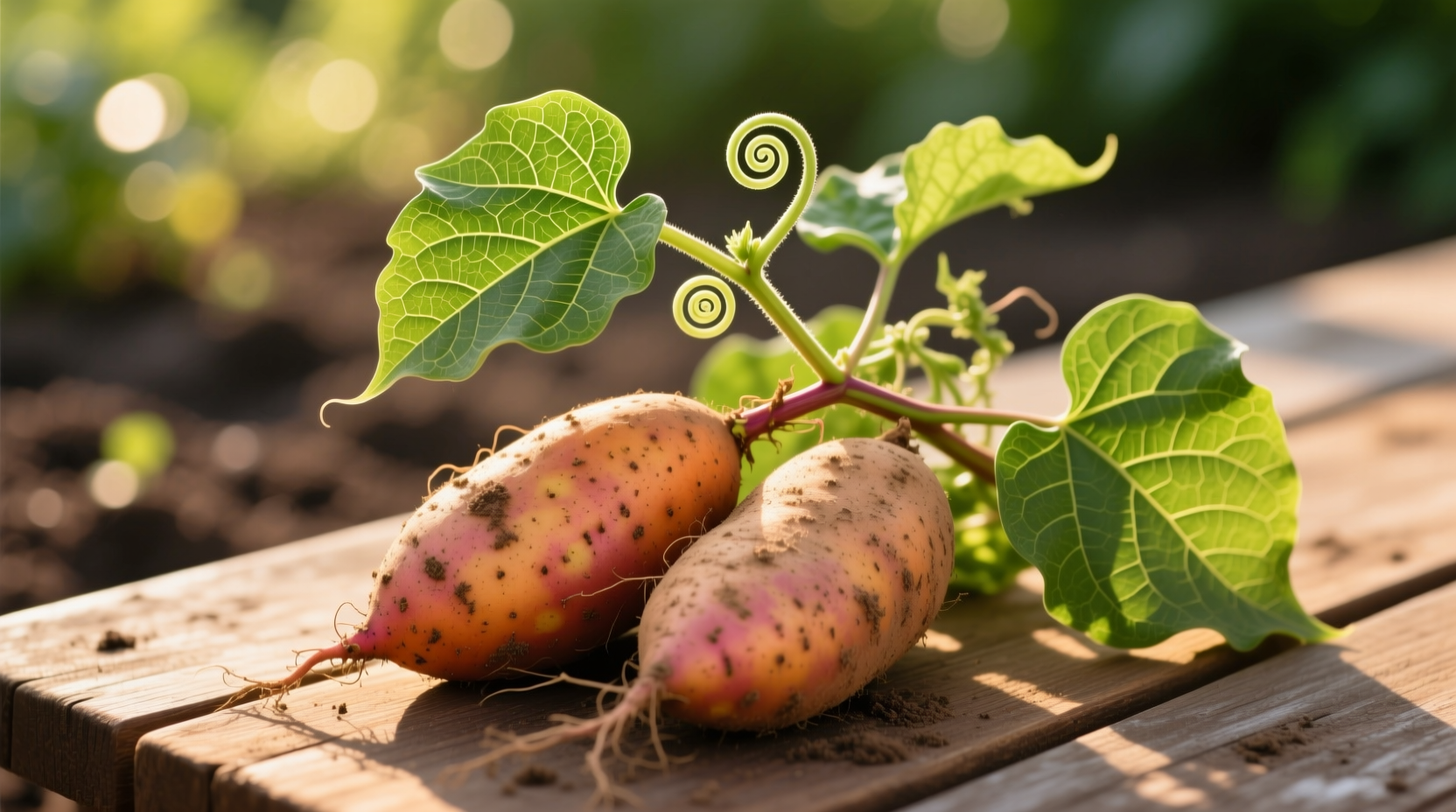 Fresh sweet potatoes with leaves showing vine growth pattern