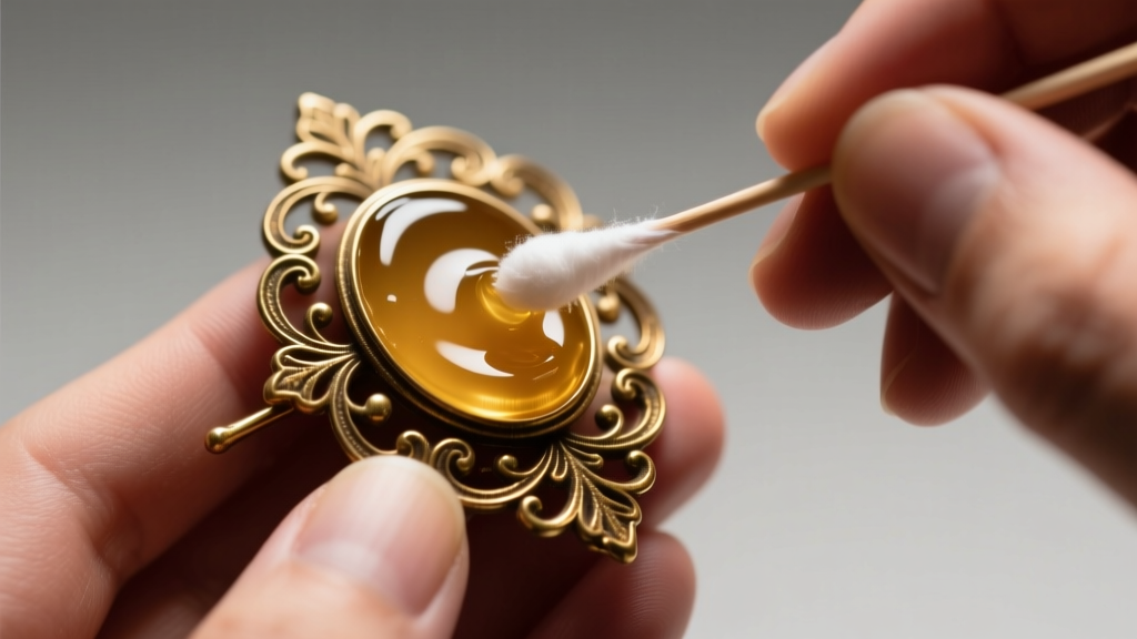 Hand applying microcrystalline wax to a vintage brass brooch with a cotton swab, illuminated by warm directional studio lighting