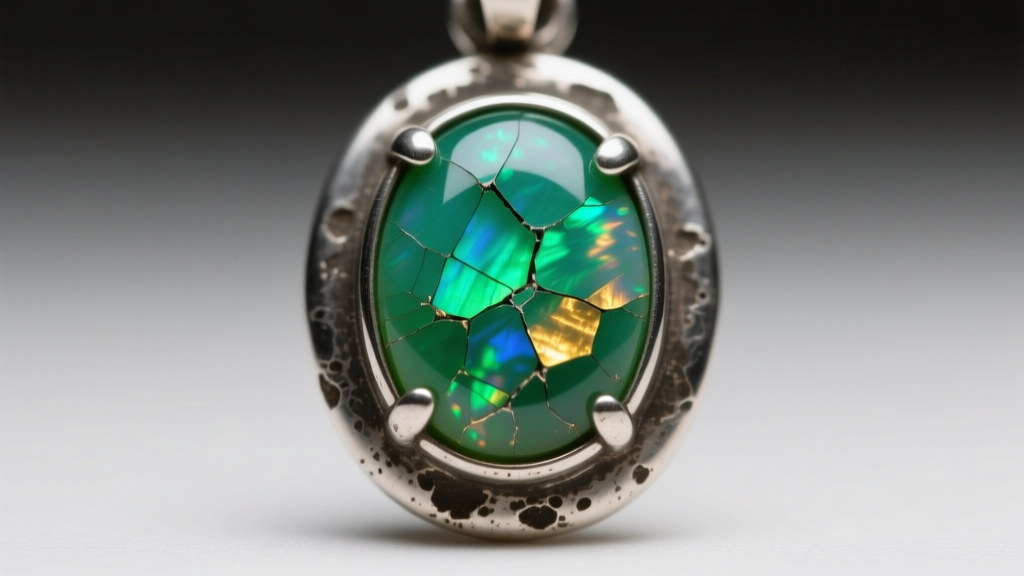 Macro shot of a cracked green opal pendant in a tarnished sterling silver bezel, illuminated by soft directional studio lighting.