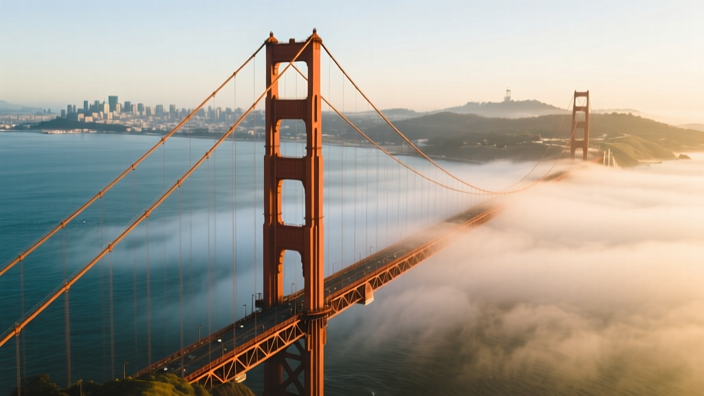 Aerial view of Golden Gate Bridge massive steel suspension cables and Art Deco towers contrasting against San Francisco Bay fog