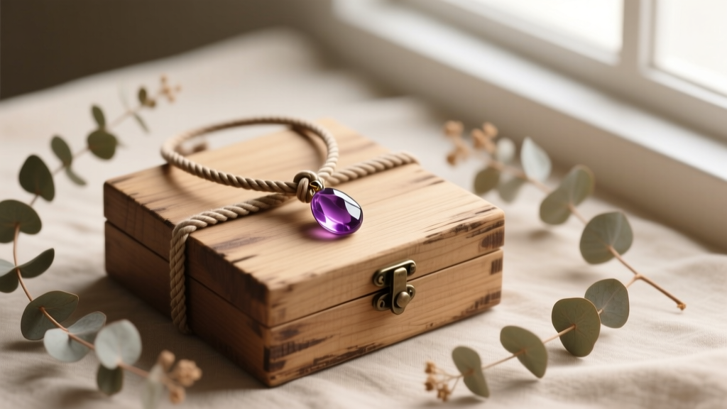 Flat lay of a waxed cotton slip knot necklace with an amethyst pendant on a rustic wooden gift box beside dried eucalyptus