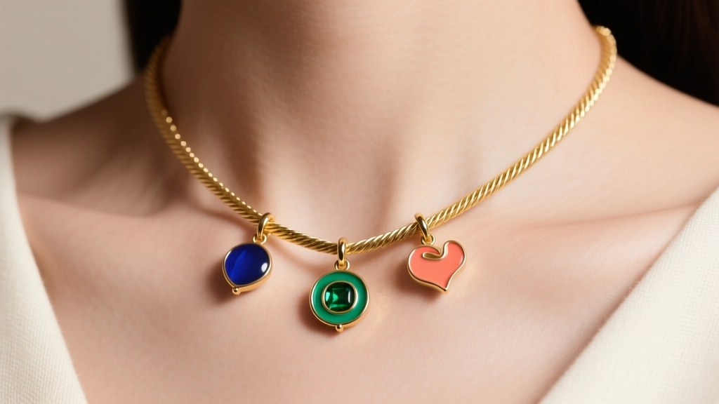 Macro shot of a 14k gold cable chain with three enamel charms resting elegantly on a bare collarbone in soft natural light.