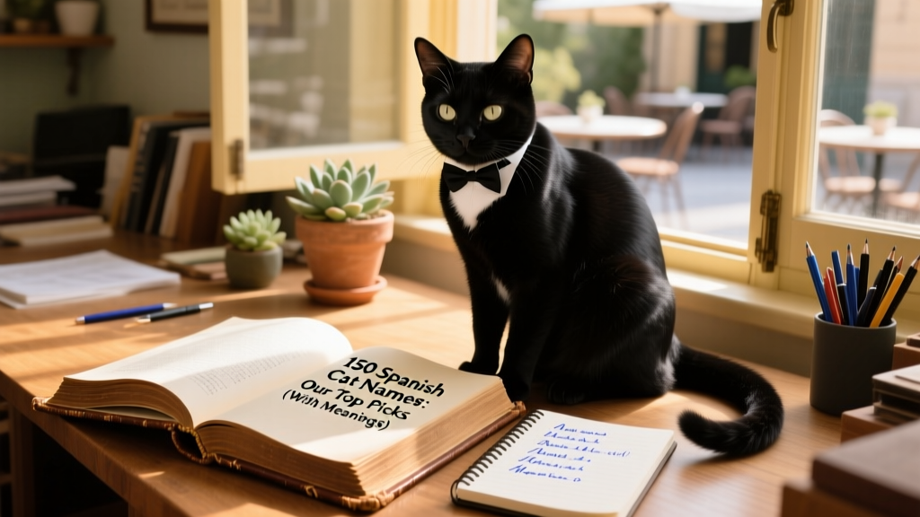A tuxedo cat perched beside an open Spanish dictionary and a notebook filled with handwritten name ideas