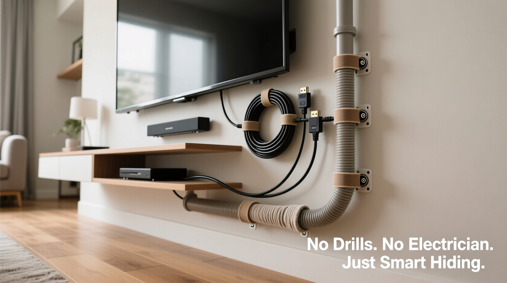 how to hide cords behind your tv without drilling holes or calling an electrician