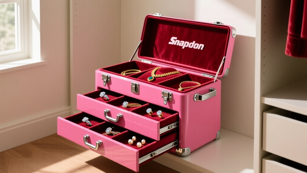Glossy hot-pink Snap-on style mechanic tool chest repurposed as a luxury jewelry vault in a modern closet with open drawers