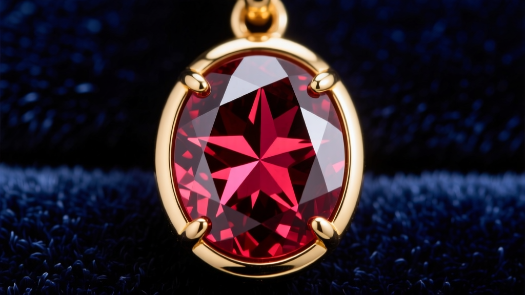 Macro shot of a natural star ruby cabochon pendant in an 18k gold bezel setting on dark velvet, highlighting a sharp 6-ray star