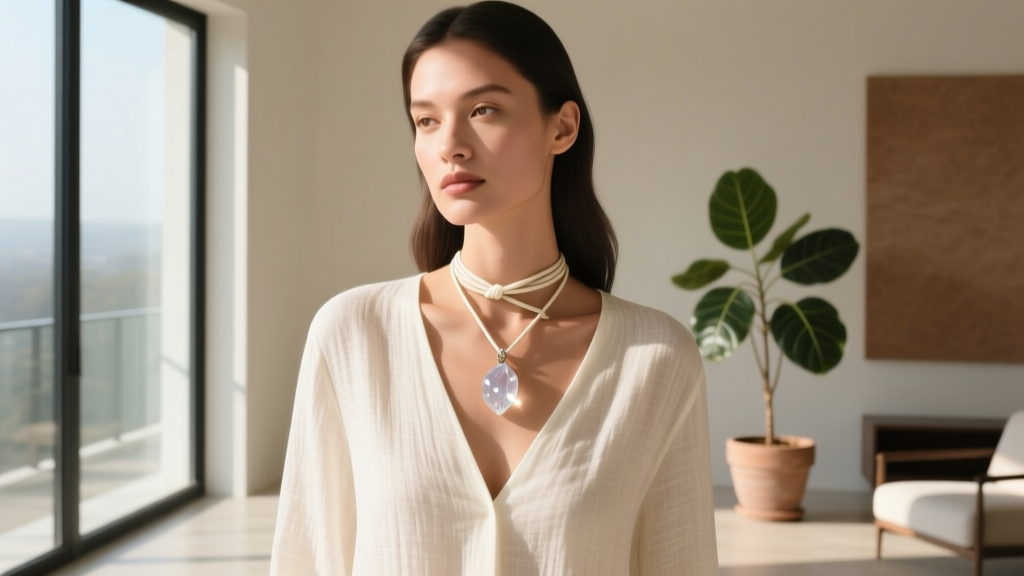 Model wearing an adjustable slip-knot necklace with a quartz pendant over a V-neck linen shirt, bathed in soft natural sunlight.