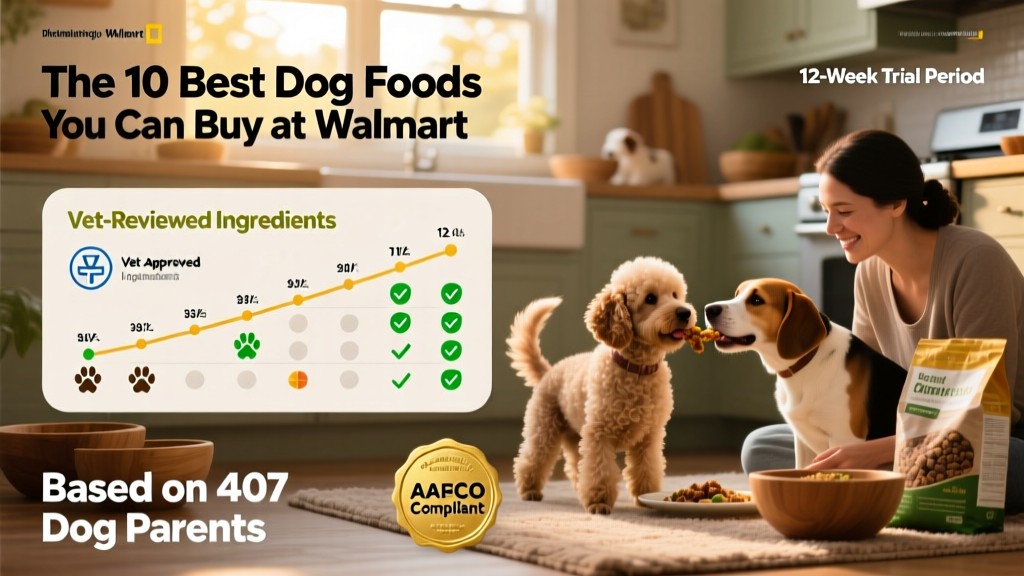 Infographic showing survey methodology: 407 dog parents, 12-week trial period, vet-reviewed ingredient scoring, and AAFCO compliance checks