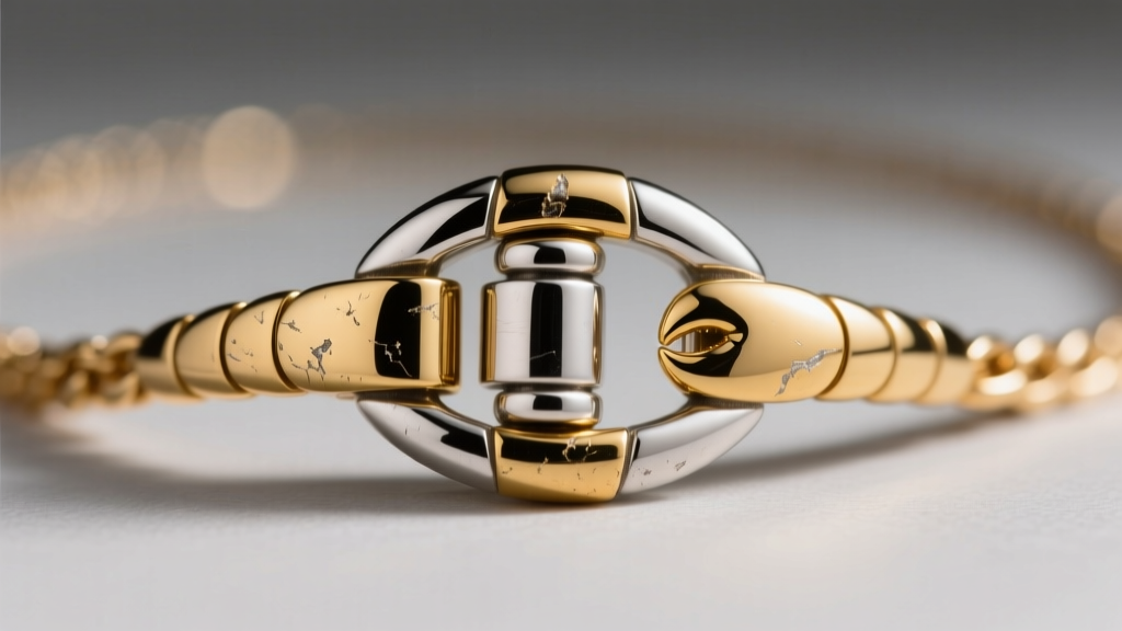 Close-up of a two tone necklace lobster clasp showing slight wear on the gold plating over a sterling silver base metal