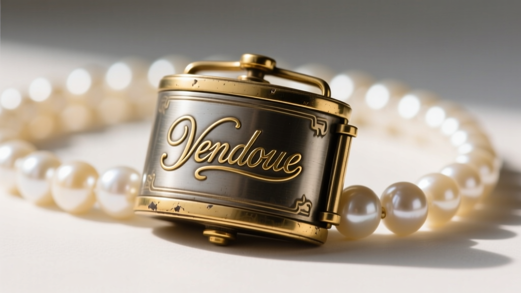Close-up of a vintage Vendome barrel clasp with script logo engraving, showing slight gold plating wear on a cream pearl strand