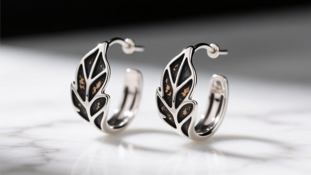 Macro shot of sterling silver leaf hoop earrings showing dark oxidation in leaf crevices against a clean white marble surface.