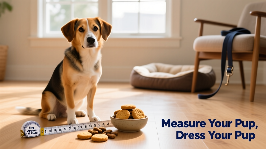 A calm dog sitting beside a soft measuring tape and treats on a clean, well-lit floor