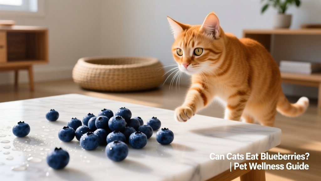 Fresh blueberries scattered on a clean surface beside a curious cat looking on