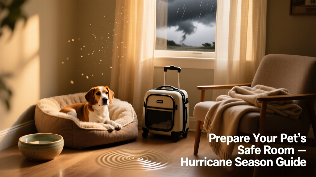 A calm indoor space with a dog bed, water bowl, carrier, and folded blanket—set up as a safe room for pets during a storm