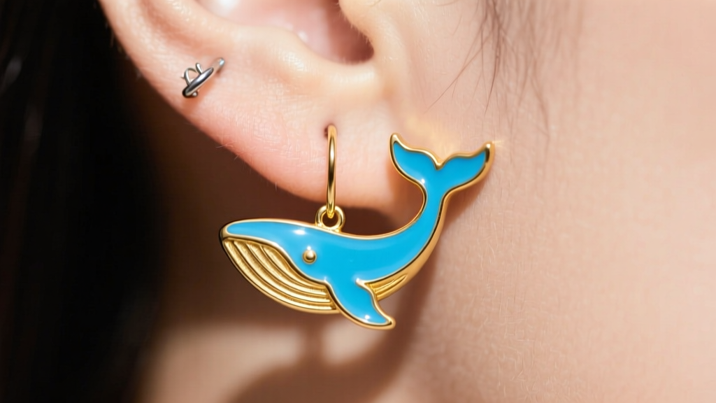 Close-up of a 14k gold vermeil whale tail earring with blue cold enamel detailing, worn on a 20-gauge standard earlobe piercing.