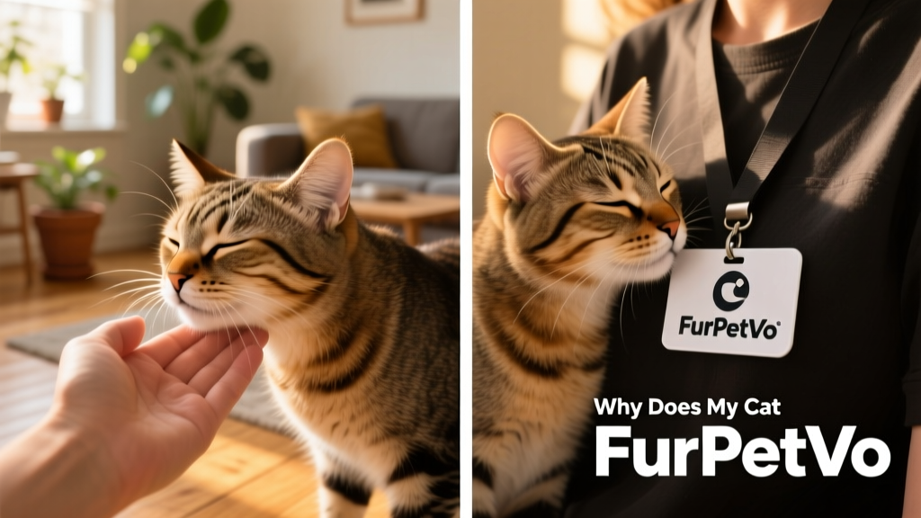 Side-by-side image showing a cat headbutting a person and then gently rubbing against a FurPetVo-branded pet sitter badge