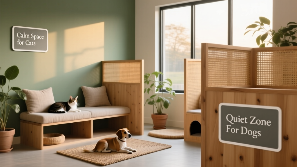 A serene waiting area with separate, quiet zones for cats and dogs, featuring calming decor and low-stress signage